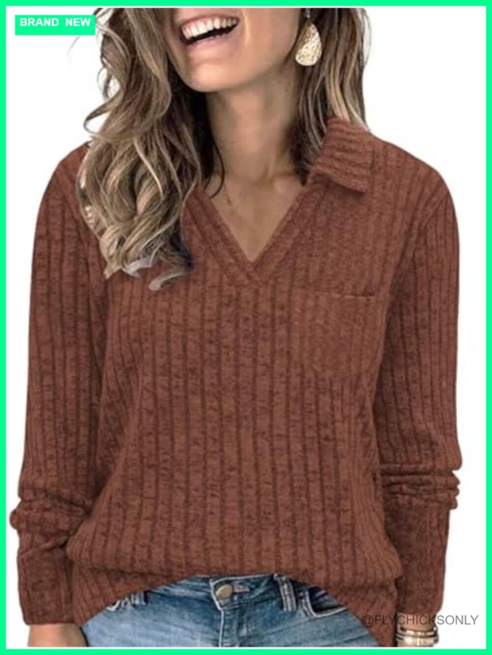 Plus Size V Neck Polo Tunic Sweater Long Sleeve Pocket Blouse
